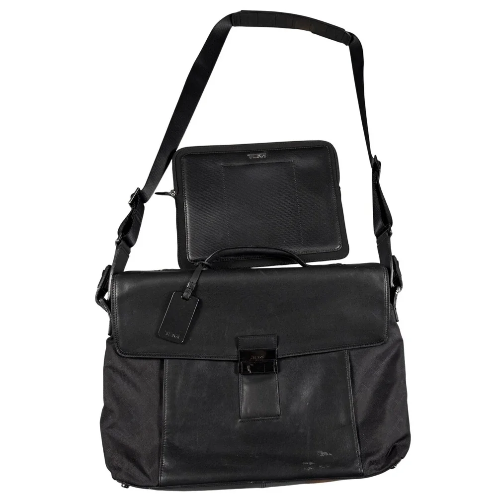 TUMI TICON 32602DT Slim Flap Briefcase Black Leather Nylon w Tablet Case
